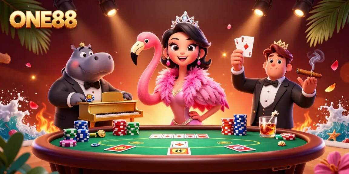 Engage in thrilling gaming at ONE88 with vibrant 3D casino-themed illustration showcasing a lounge singer and musicians.