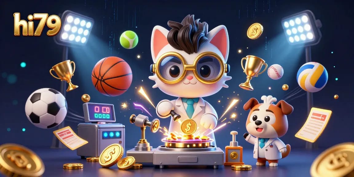 hi79 showcases a vivid cartoon scene with a mad scientist cat creating gold coins amidst flying sports elements and neon effects.