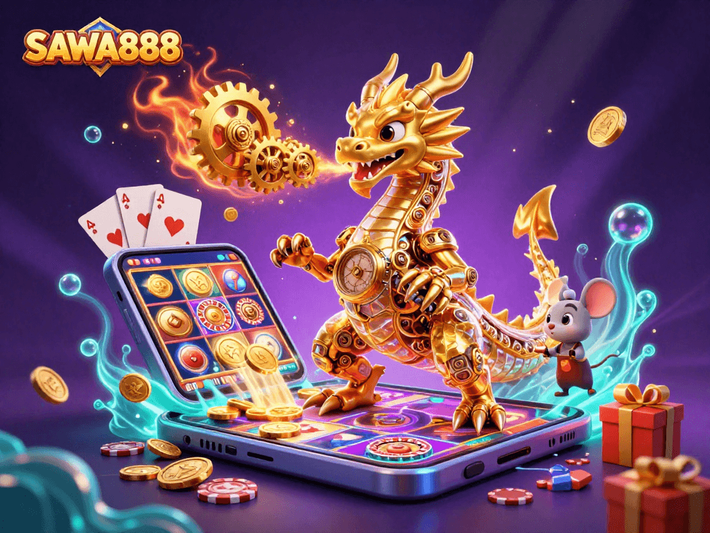 SAWA888 offers exciting slot games, featuring golden dragons and vibrant casino symbols for a thrilling experience.