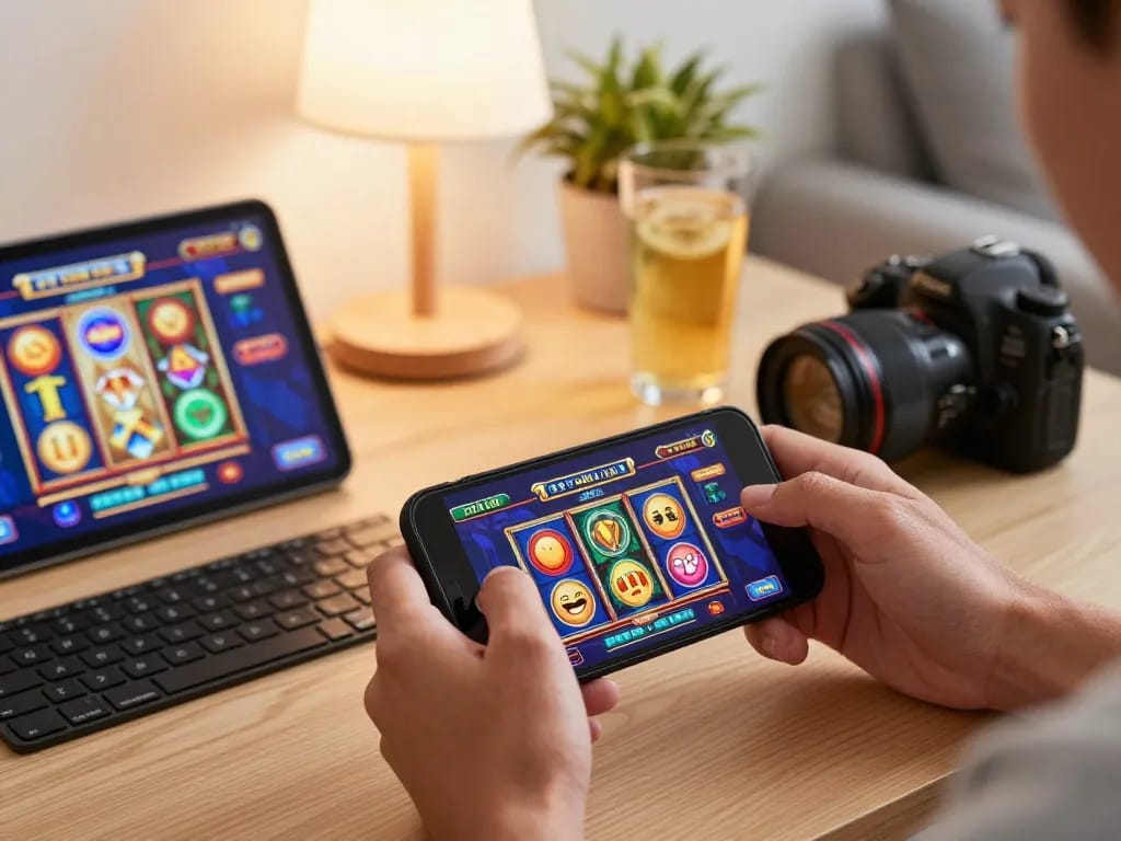 33WIN mobile app gaming session showcasing exciting slot interfaces and cozy home setting