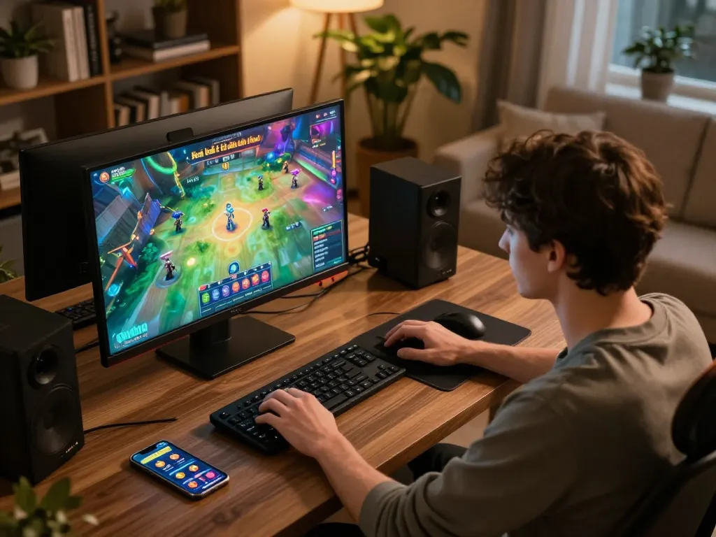 Player engaged in game bài đổi thưởng on a modern computer setup, showcasing immersive online gambling experience