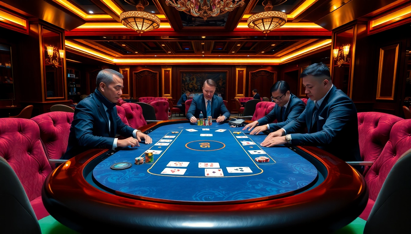 Players at the zo88 poker table strategizing their next move amidst a luxurious casino setting.