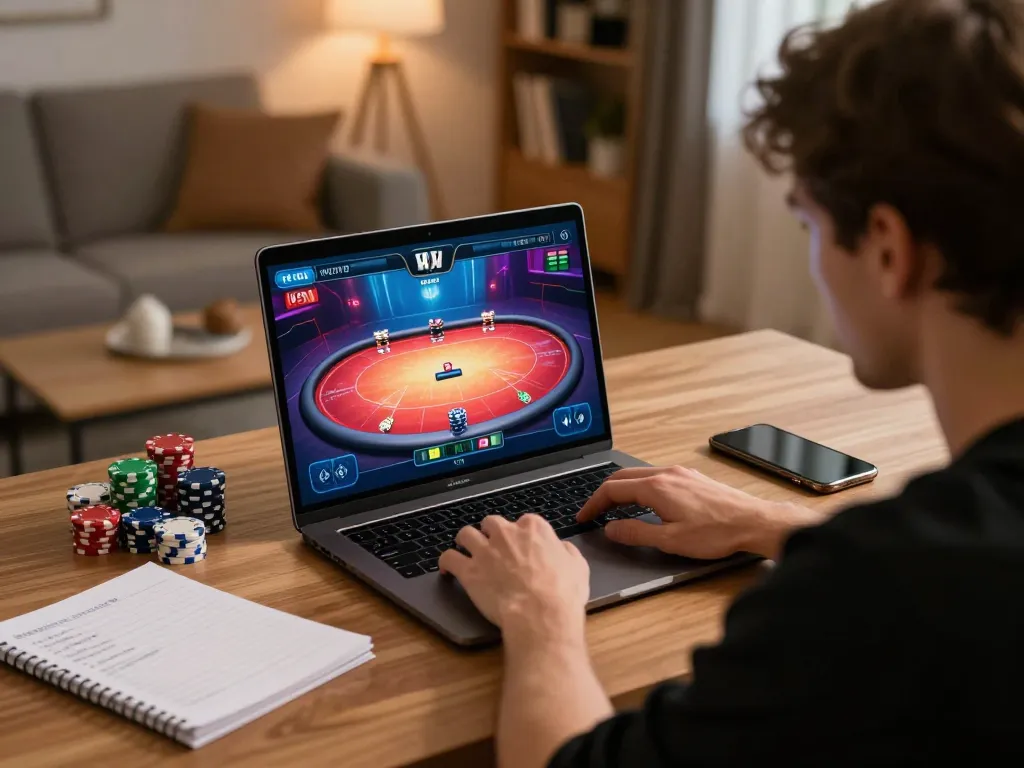 Engaging in Pragmaticplay online poker gaming at home, showcasing strategy notes and colorful chips