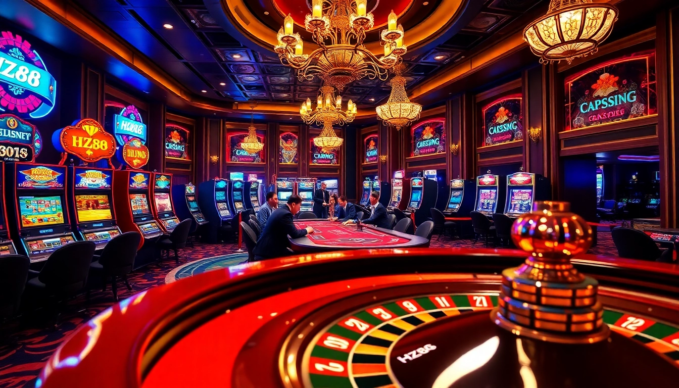 Play poker at HZ88's luxurious casino, featuring colorful slot machines and attentive dealers.