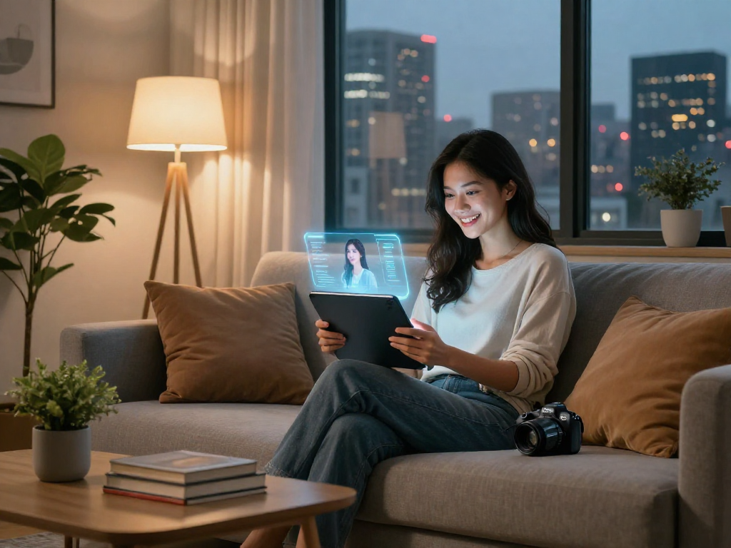 Young woman interacting with her AI girlfriend on a tablet in a modern apartment.