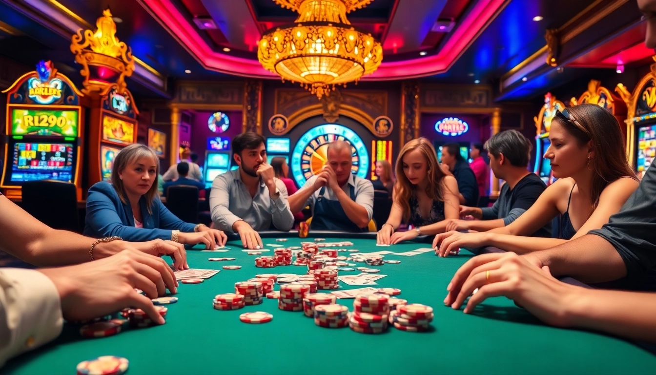 Engaging players gamble at a poker table in a luxurious casino setting featuring rr99 elements.