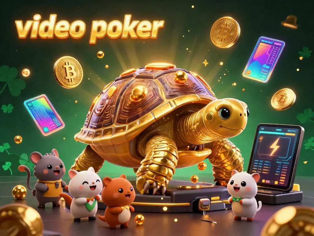 Experience thrilling video poker action with a vibrant scene featuring a golden tortoise and excited players.
