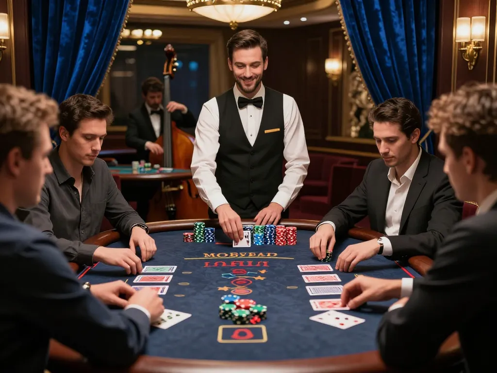 Engaged players strategizing at a blackjack table in 23WIN casino, vibrant atmosphere.