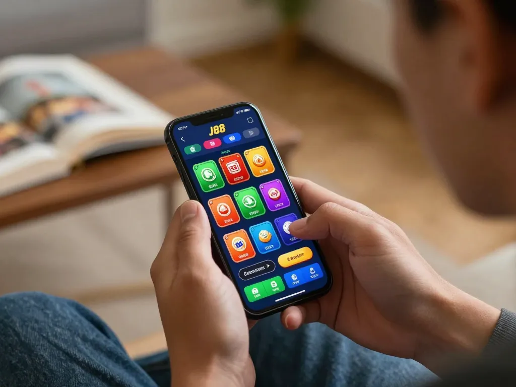 Player utilizing the J88 app for a strategic gaming session in a comfortable home setting