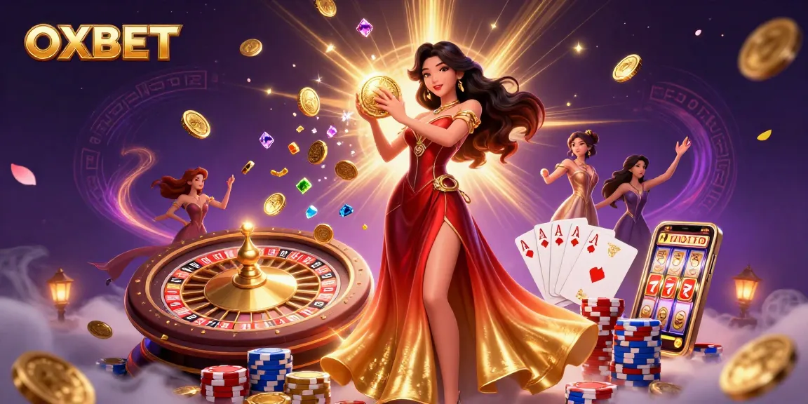 Experience OXBET with this vibrant 3D casino scene showcasing a stunning Asian woman and dynamic game elements.