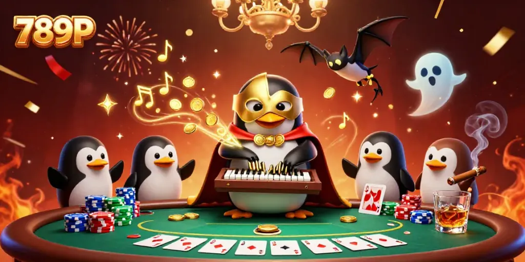 Engage in thrilling gameplay at 789P with a cartoon penguin organist and poker elements!