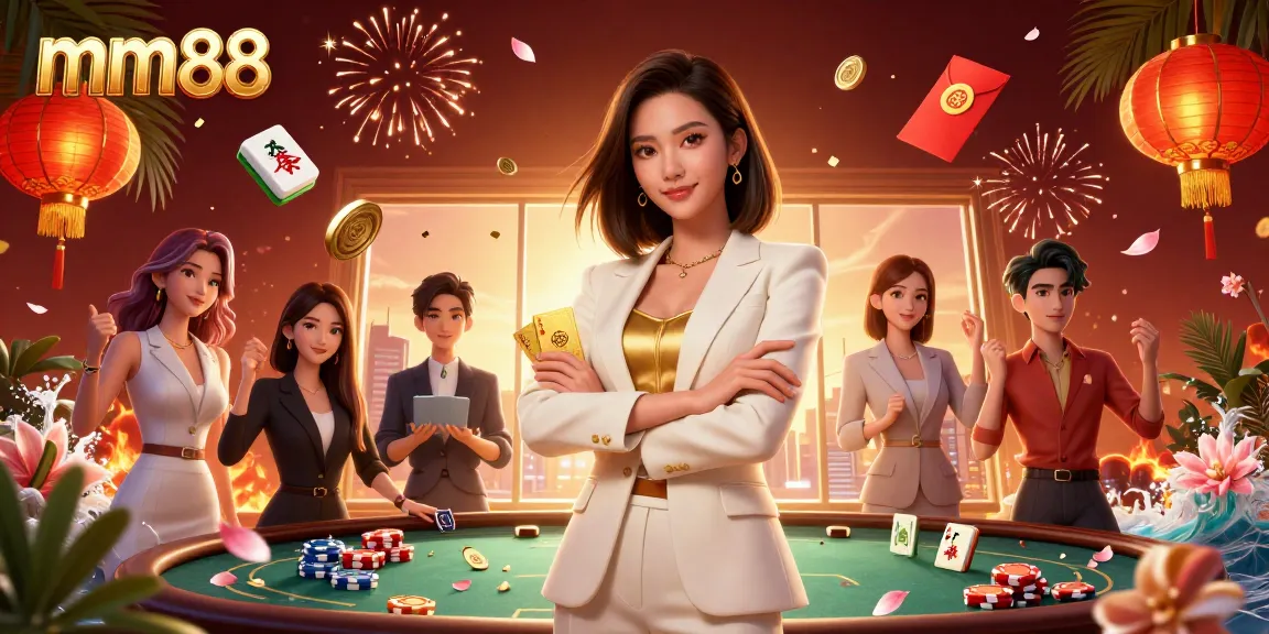 Enjoy thrilling gameplay at mm88, where a confident Asian woman showcases poker skills amid vibrant casino elements.