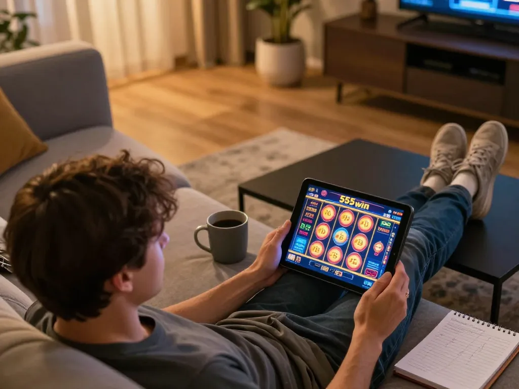 Player enjoying slots on 555win tablet in a cozy home setting