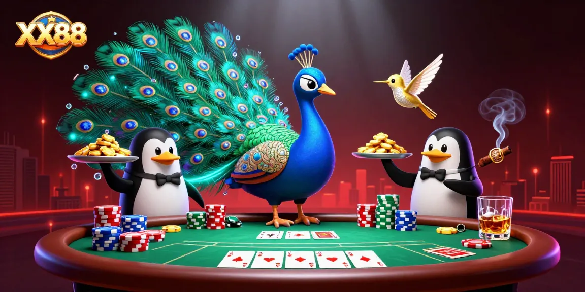 Experience high-stakes poker action at XX88 with a vibrant casino scene featuring colorful chips and game elements.