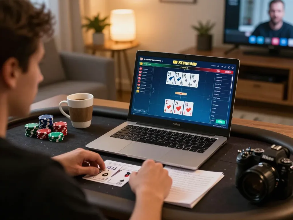 Player strategizing on 33WIN poker game from home, displaying gameplay and notes for optimal betting.