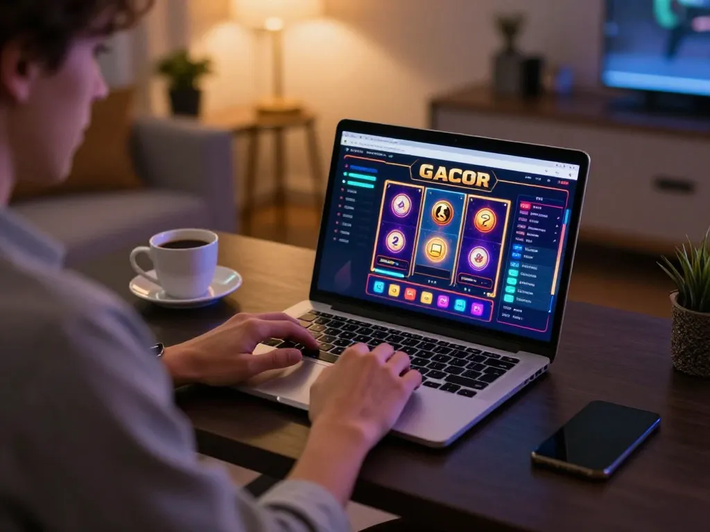 Engaging in Slot Gacor online gaming session at home setup, showcasing strategic focus on interface.