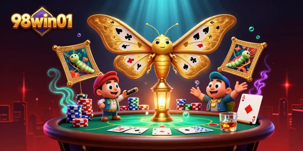 Experience excitement at 98win01 with a vivid illustration of casino elements and characters.