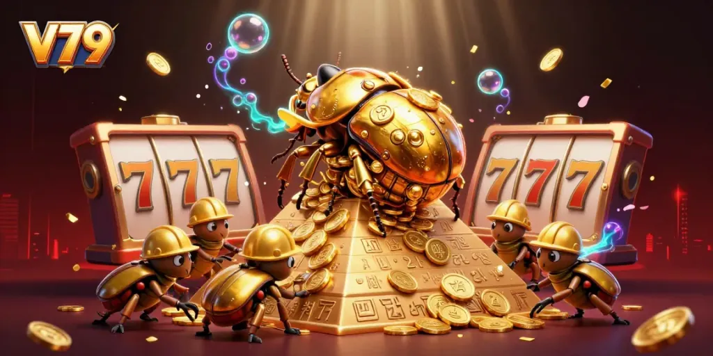 Experience excitement at V79 with animated beetles and gold coins in this vibrant online casino illustration.