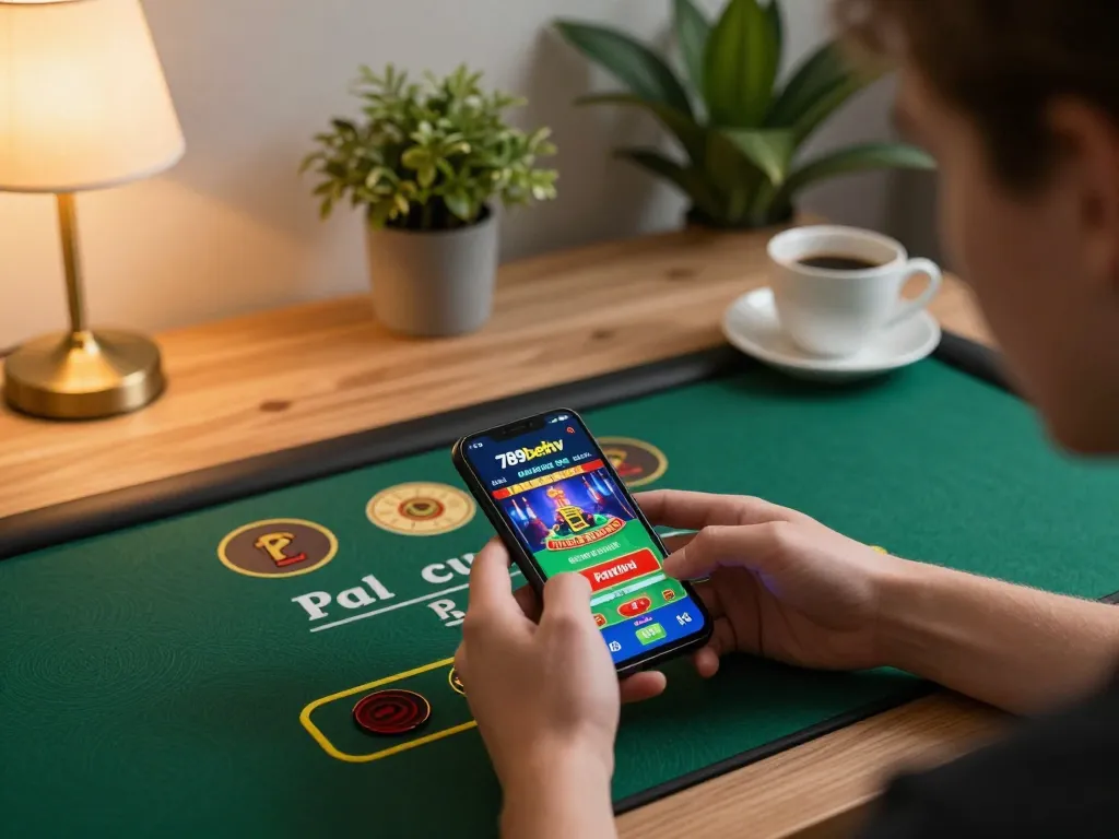 Engaging in online gaming with 789bethv app on smartphone at home for a relaxed gambling experience.