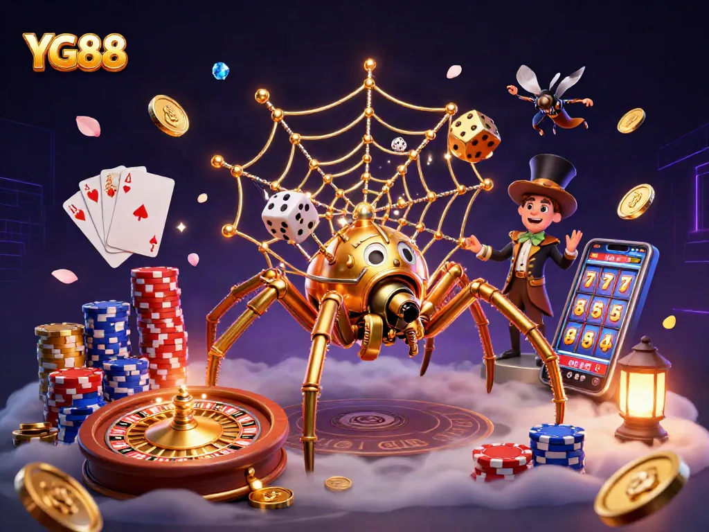 Engage with YG88's thrilling atmosphere as the steampunk spider captures dice amidst cascading coins and sparkling gems.