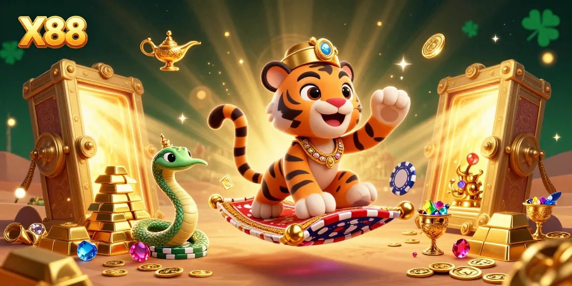X88 casino excitement with a magic carpet sultan, treasure vaults, and riches in a vibrant scene.