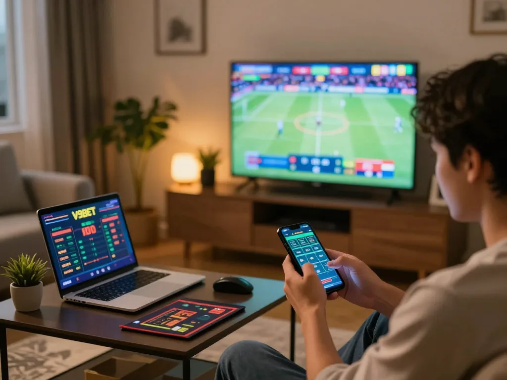 Engaging in mobile sports betting with V9BET in a cozy home setting.