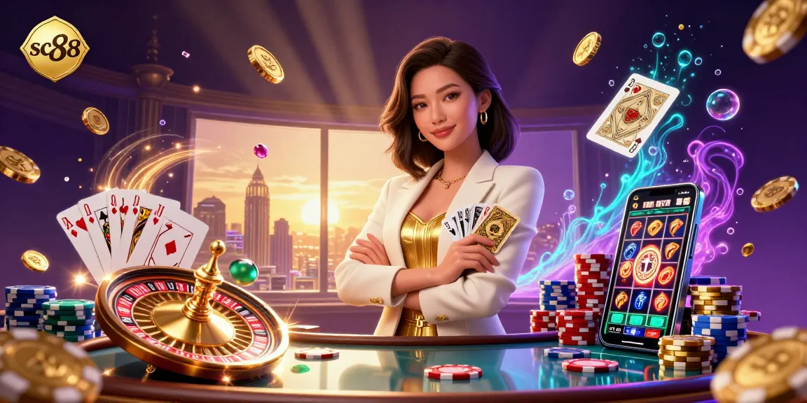 Engage with sc88 in a vibrant casino scene featuring golden elements and an elegant Asian woman.