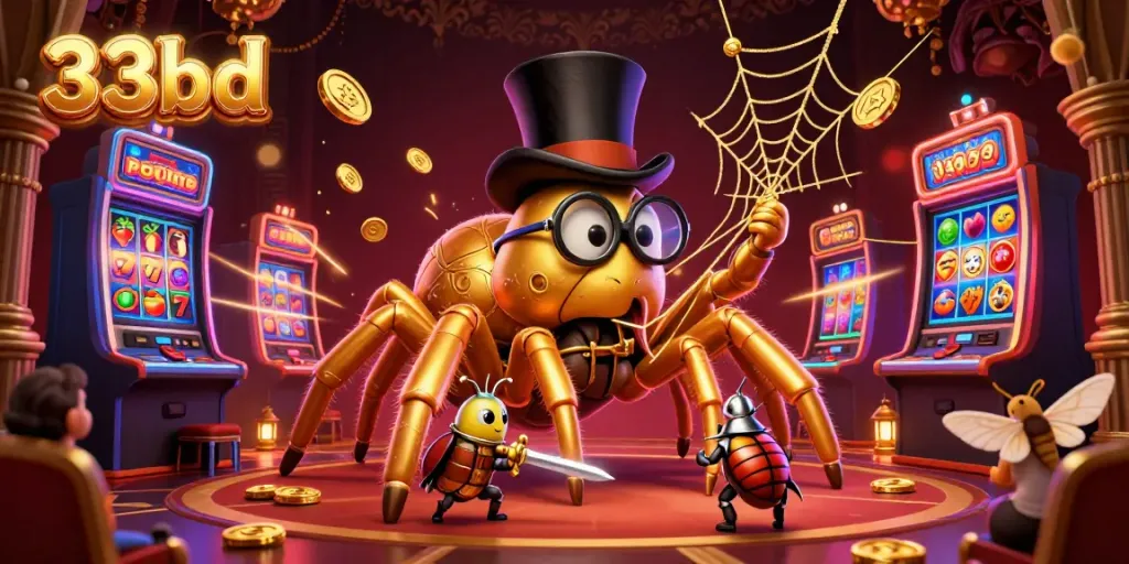 Engage with the exciting world of 33bd casino games featuring a vibrant cartoon scene with slots and whimsical characters.