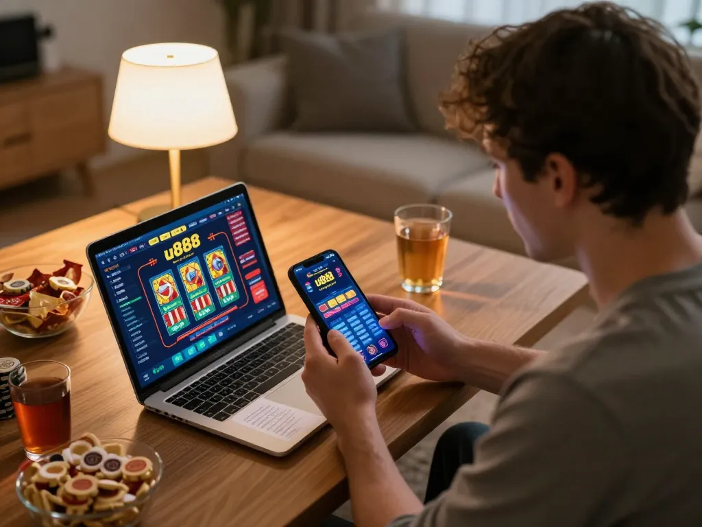 Player enjoying an online game at u888 on a mobile device in a cozy home environment