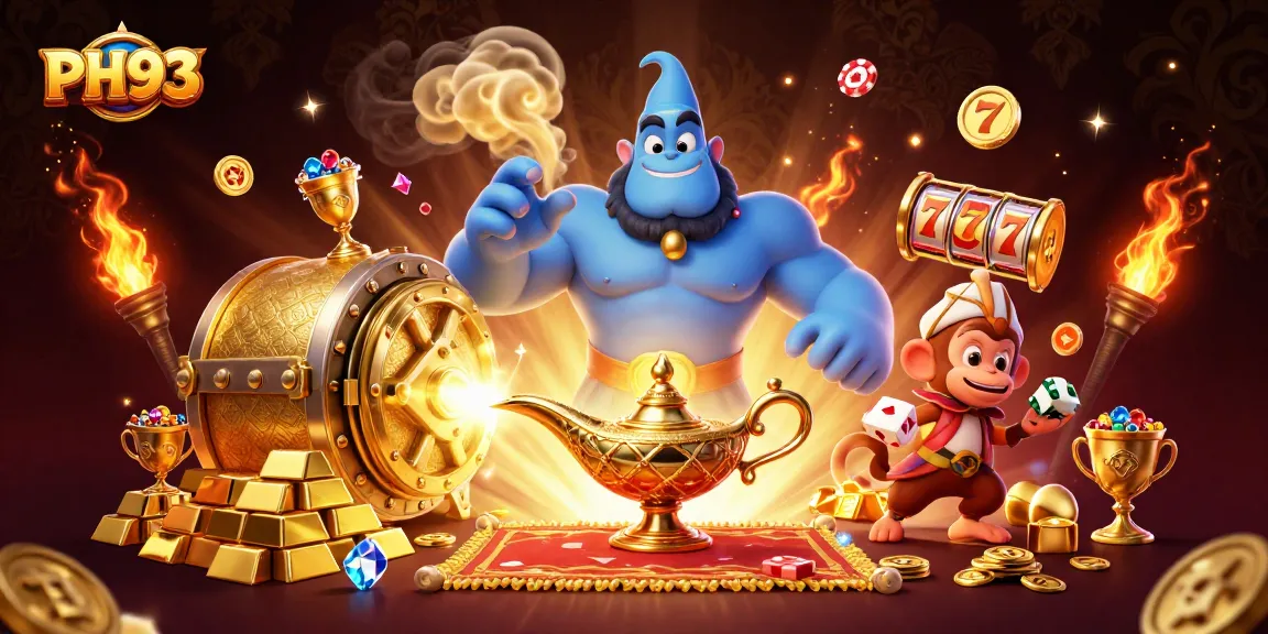 Engage in thrilling gaming at PH33 with a 3D visualization of a genie, monkey, and magical elements.