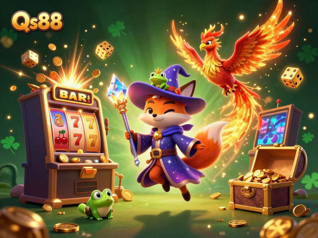 Engaging Qs88 casino experience with a magical wizard fox, phoenix, and treasure elements.
