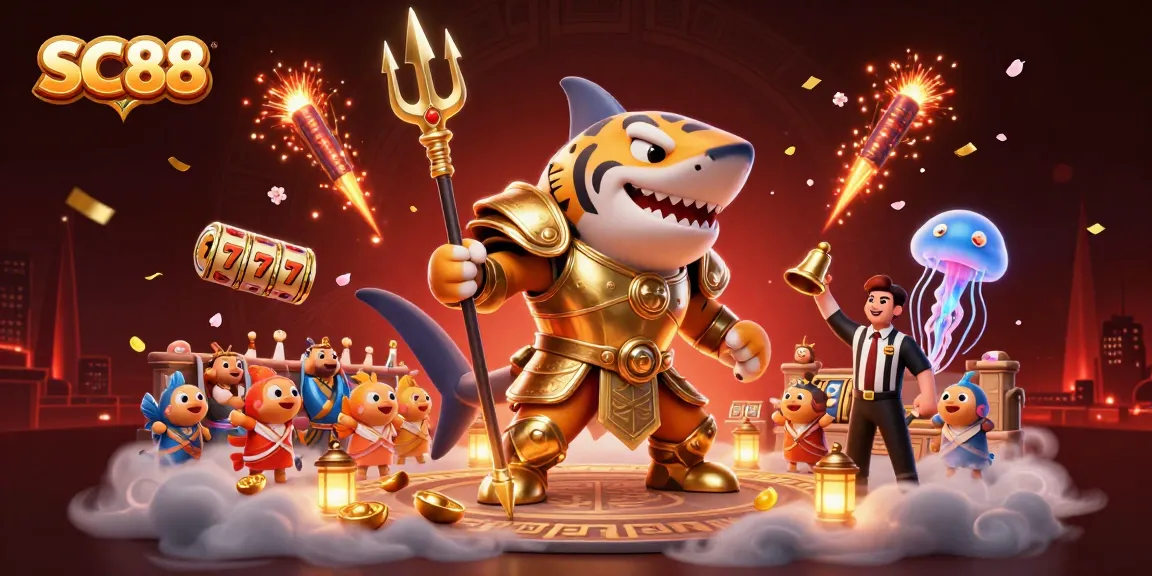 Engage with SC88 as tiger shark gladiators celebrate jackpot wins in vibrant underwater casino scene.