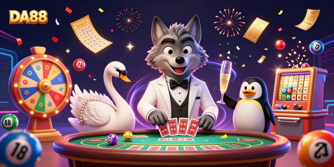 Experience the excitement of DA88 with vibrant gambling elements and characters in a lively casino scene.