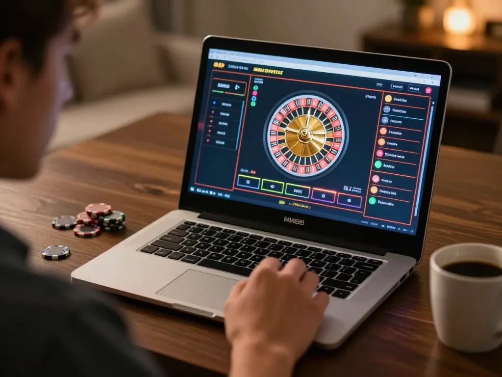 Engaging in high-stakes roulette on MM88, player focused on betting options, vibrant online atmosphere.