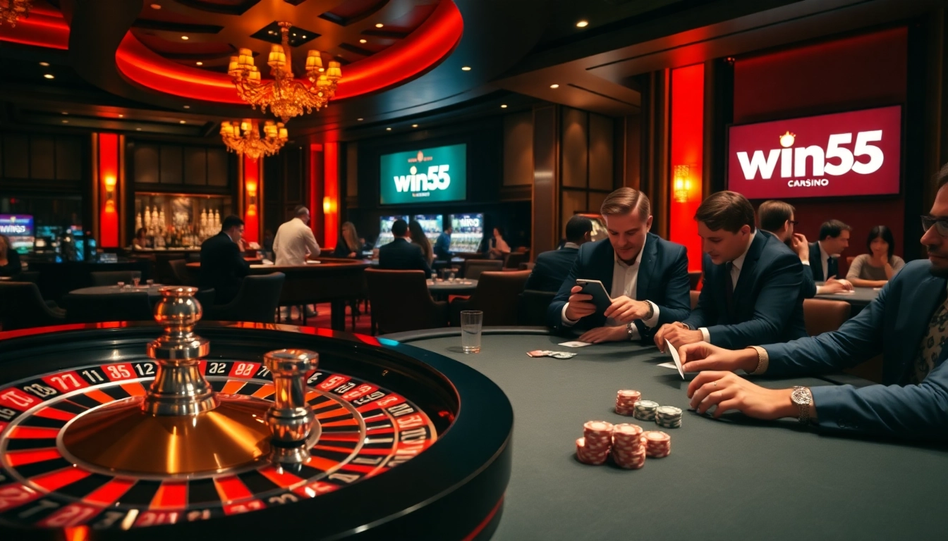 Players enjoying a thrilling game at Win55 casino with vibrant poker chips and roulette.