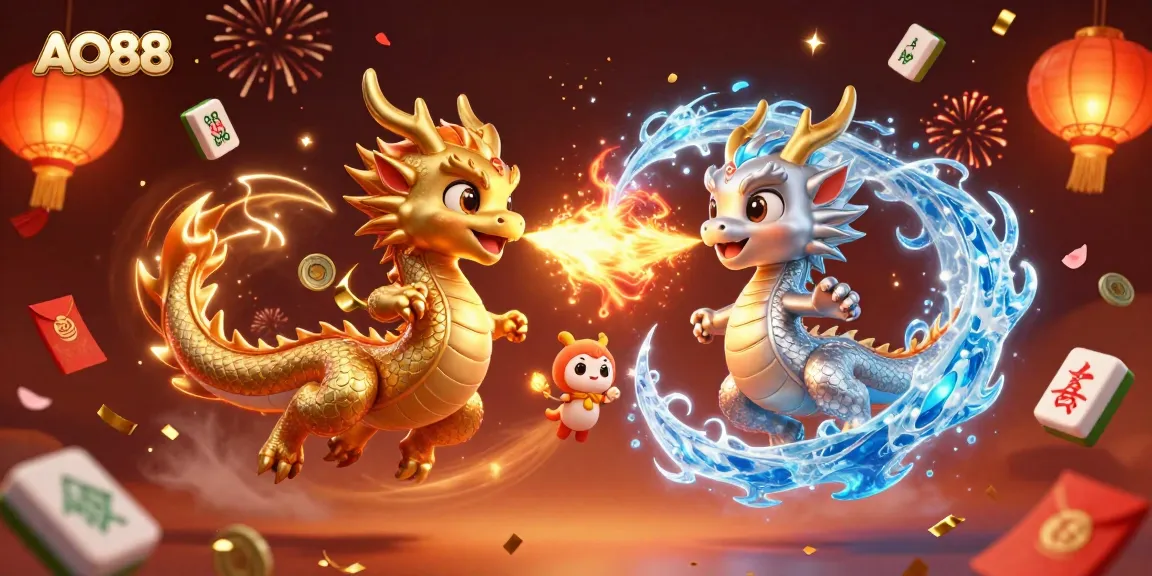 Experience the thrill of AO88 with dynamic dragons and festive elements in a vibrant casino scene.