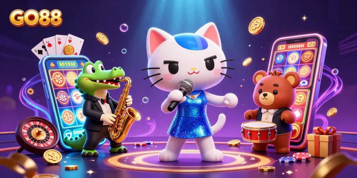 GO88 showcases a vibrant casino scene with a jazzy cat, crocodile, and bear amidst dynamic slot games and golden coins.