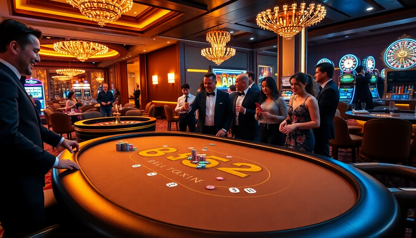 Players enjoying high-stakes poker at a B52-themed casino table, surrounded by vibrant gaming elements.