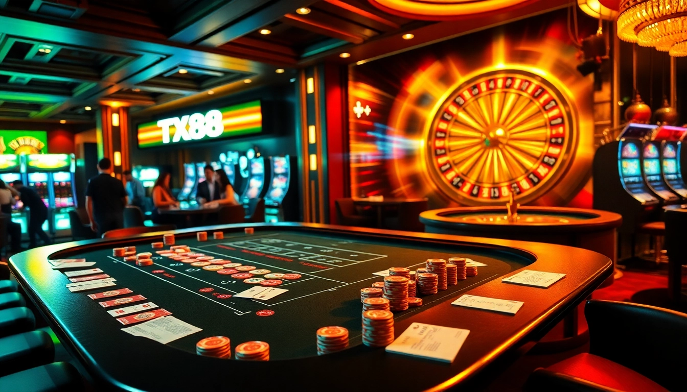 Players engaging in the excitement of TX88 sports betting within a luxurious casino setting.