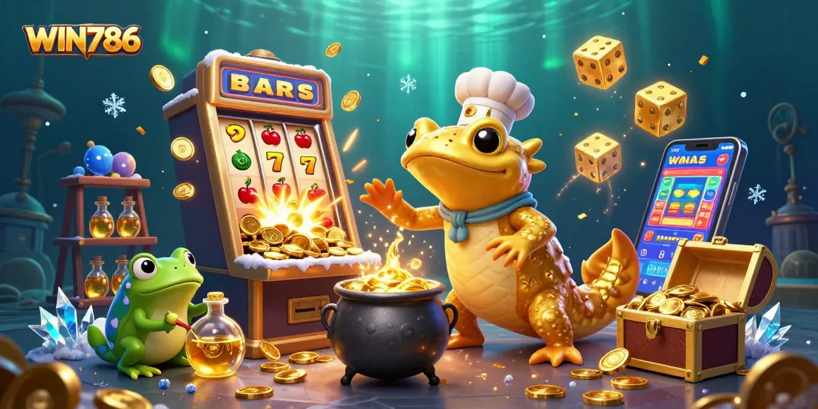 WIN786 offers exciting gaming with a 3D golden salamander in a lively casino-themed scene.