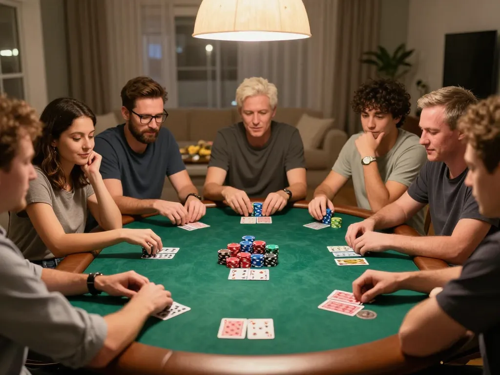 Taking part in a vibrant home poker game with va88 friends, chips and cards all around, warm atmosphere.