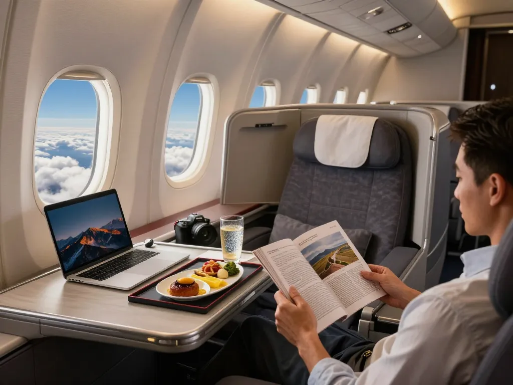 Passenger relaxed in the luxurious 789P Flagship Suite, enjoying gourmet meals and stunning views