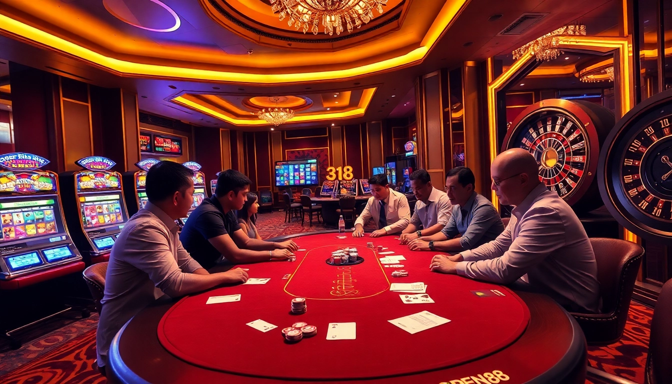 Exciting poker players at a luxurious OPEN88 casino table with vibrant slot machines.