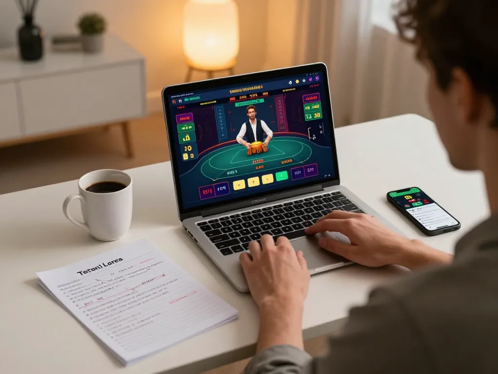 Gambling enthusiast engaging with rr88 online casino game on laptop with strategic notes and smartphone.