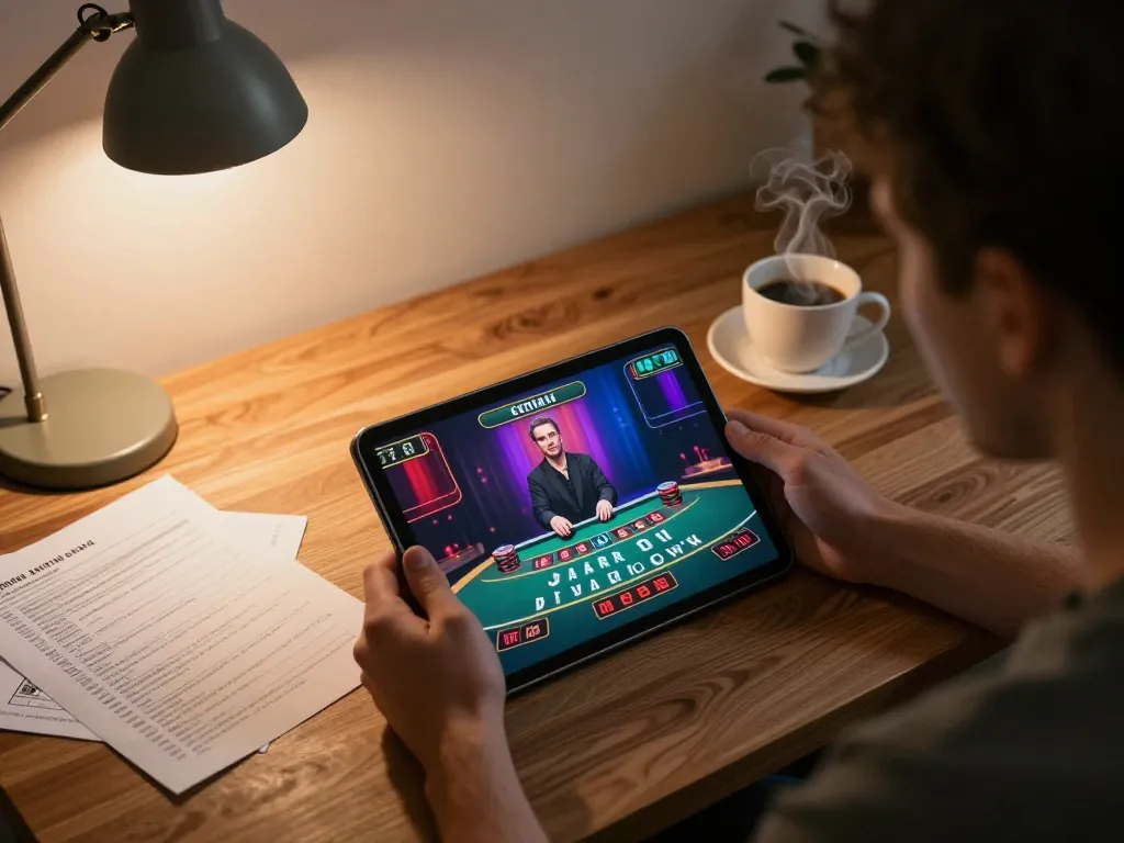 Player engaging in live dealer blackjack on XX88 tablet setup with strategic notes