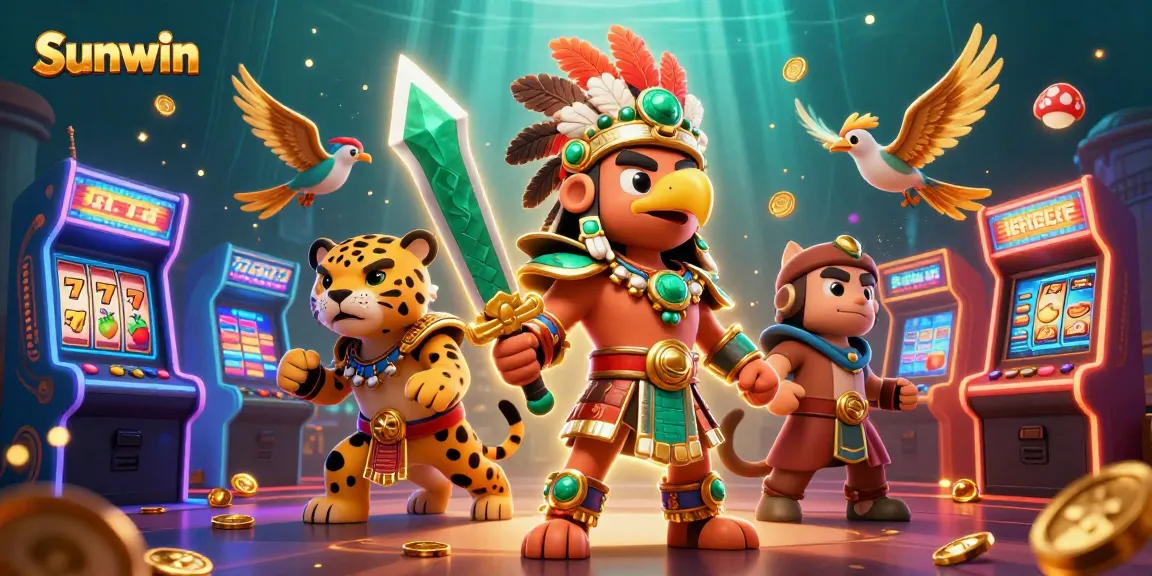 Sunwin players engage in exciting online casino games showcasing vibrant slot machines, a dynamic Aztec warrior, and treasures.