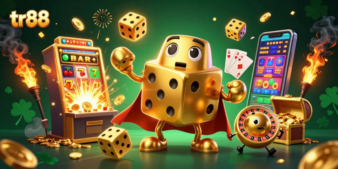 Join the thrilling action at tr88 with a golden dice golem in a dynamic casino scene of jackpots and excitement.