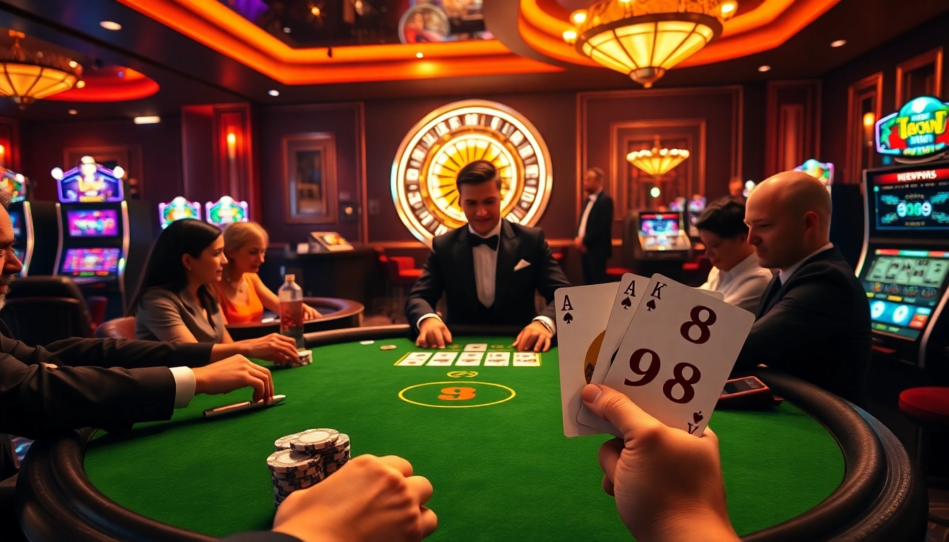 M98 poker players bet big at a luxurious casino table under warm lights.