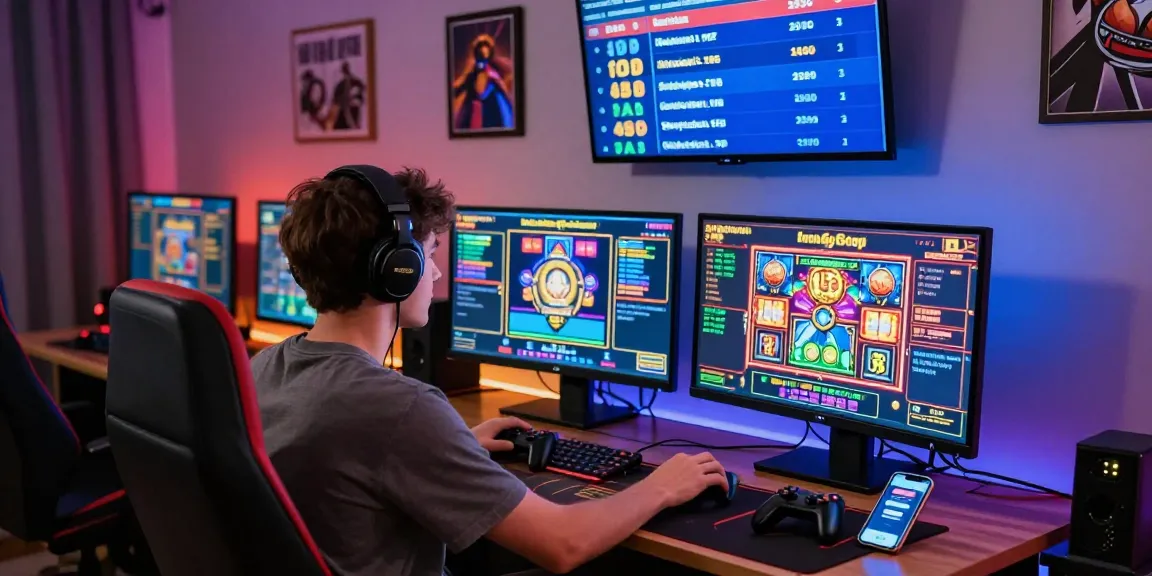 Player enjoying non GamStop casinos in vibrant home gaming setup with multiple monitors and lively atmosphere.