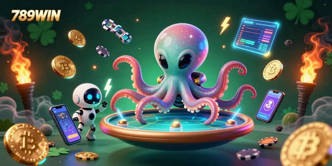 Experience thrilling games at 789WIN with this dynamic illustration featuring an animated alien octopus at a poker table.